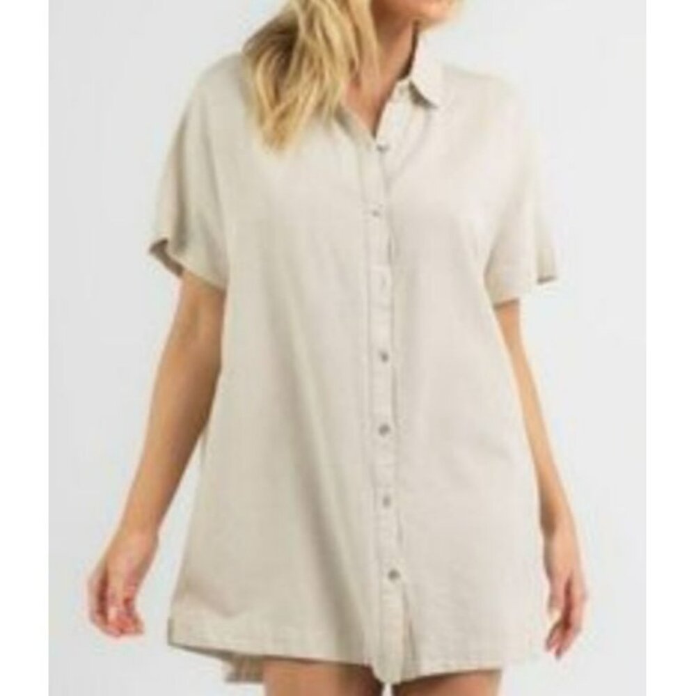 Coastal Comfort Shirt Dress Linen Blend Button-Up With Pockets Size M Beige